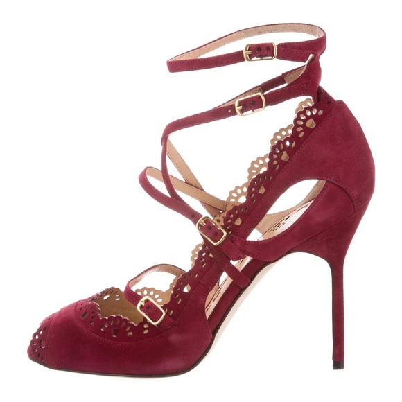 Purple suede Marchesa Marina pumps w/ laser-cut motif. - Picture 5 of 5